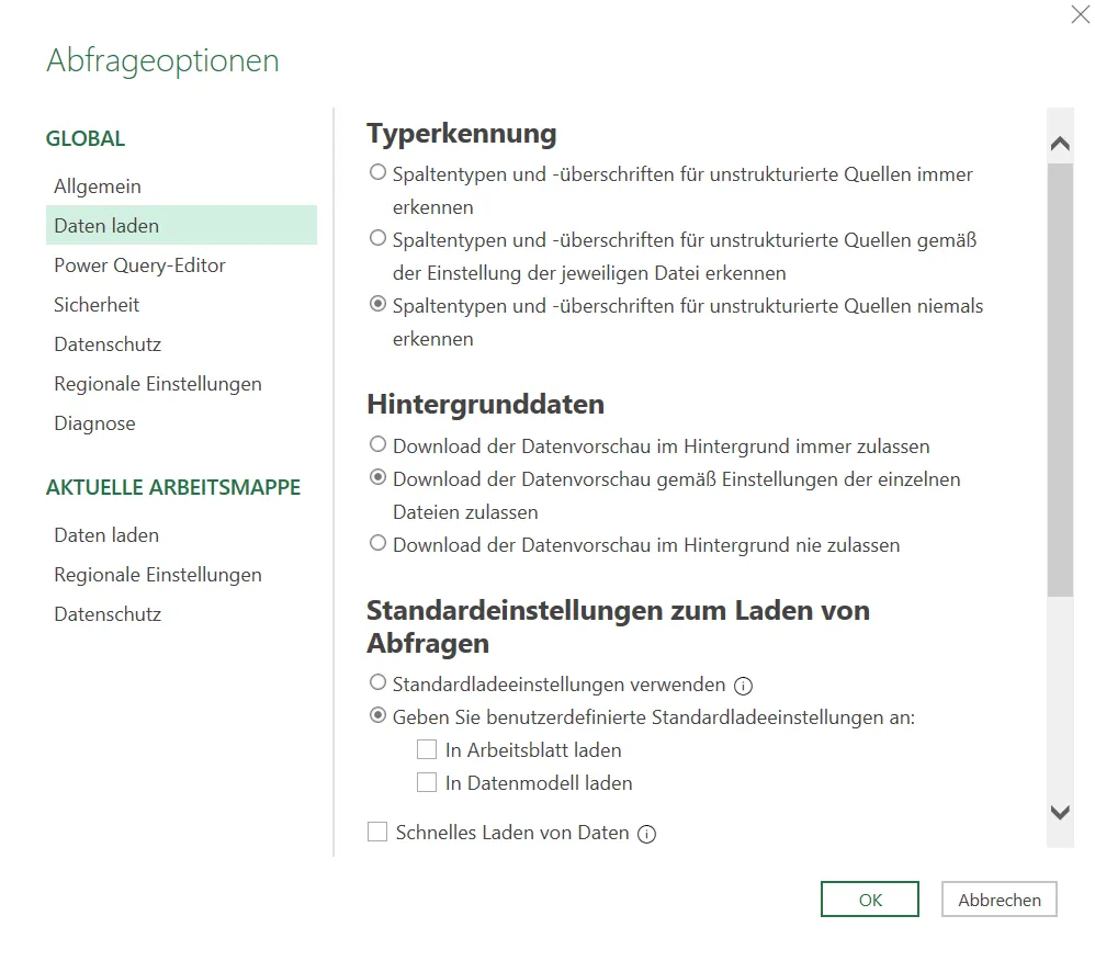 Geänderte Abfrageoptionen
