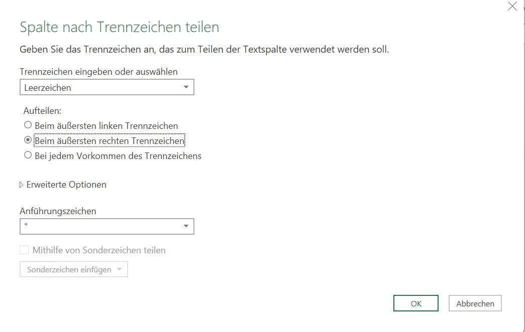 Spalte nach Trennzeichen trennen