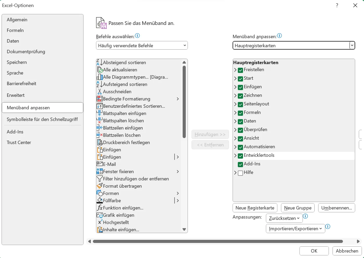 Excel-Optionen
