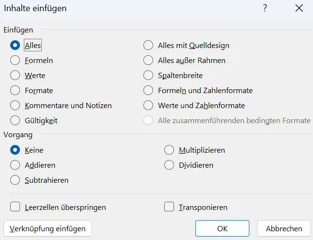 Paste Dialogfeld