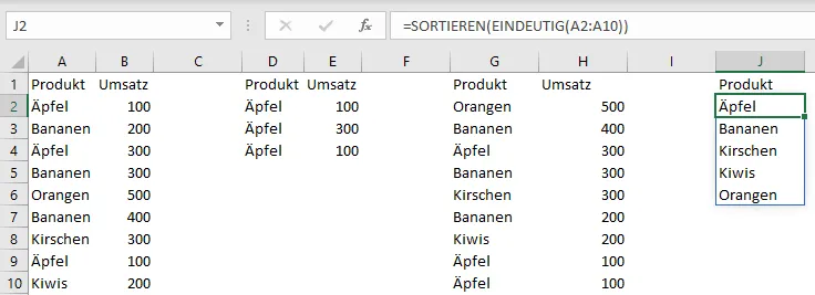 Sortierte eindeutige Werte